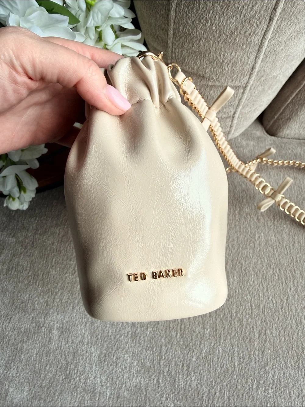 Ted Baker London Cream Mini Shoulder Bag with Chain Bow Trim Strap NWT